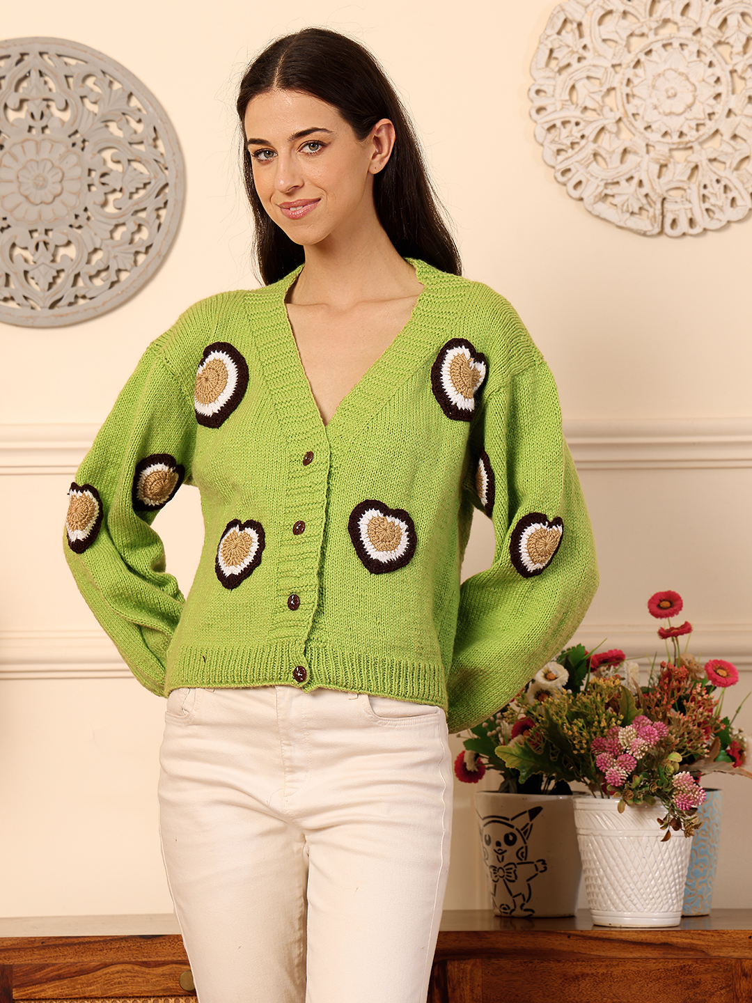 Trendy Knitted Heart Applique Cardigan - Green