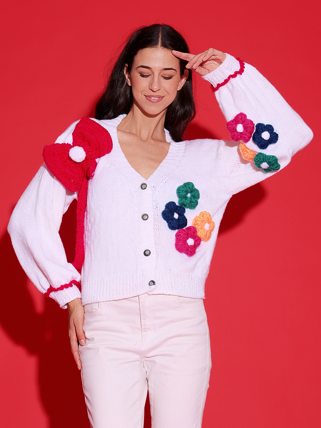 Trendy Big Bow HandKnitted Cardigan