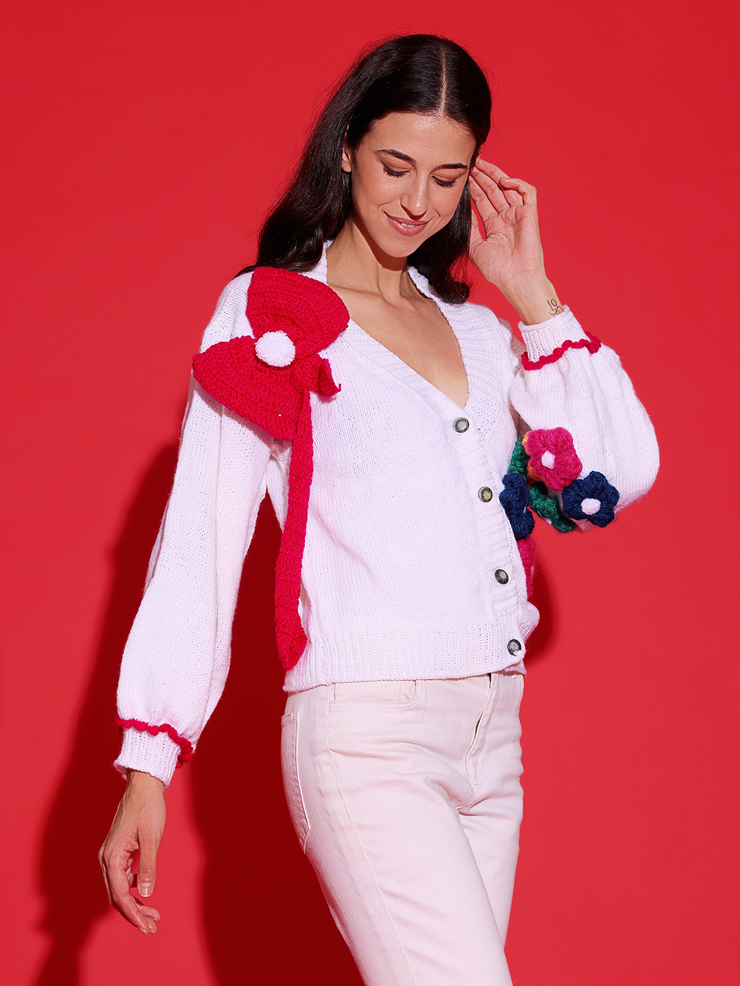 Trendy Big Bow HandKnitted Cardigan