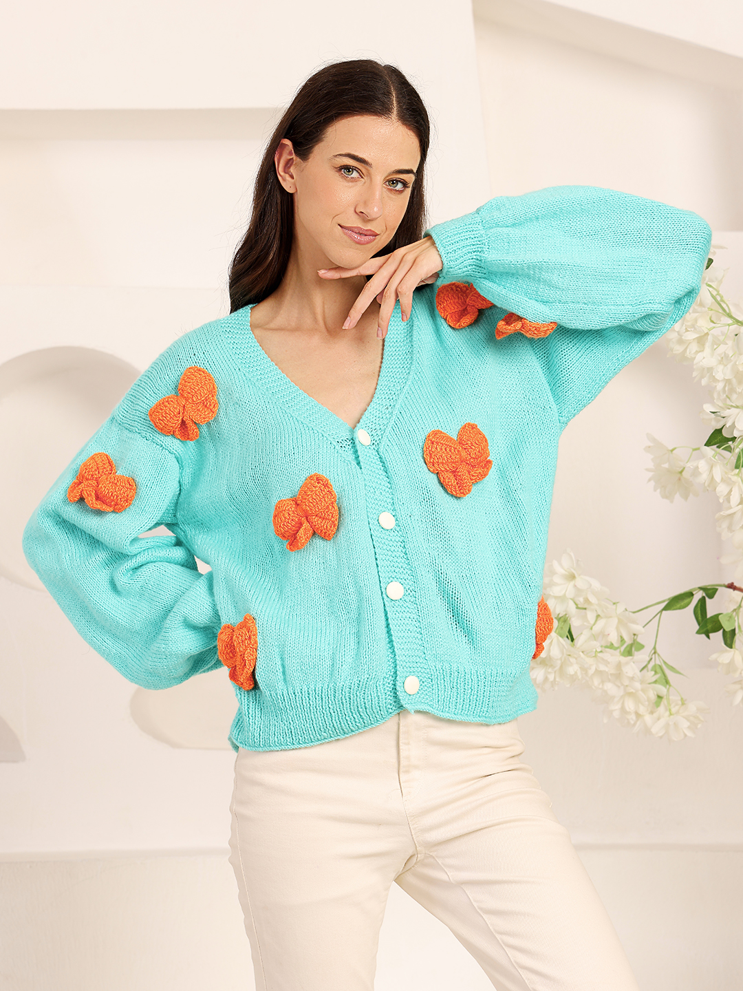 Velvery Knitted Bow Applique Cardigan - Green