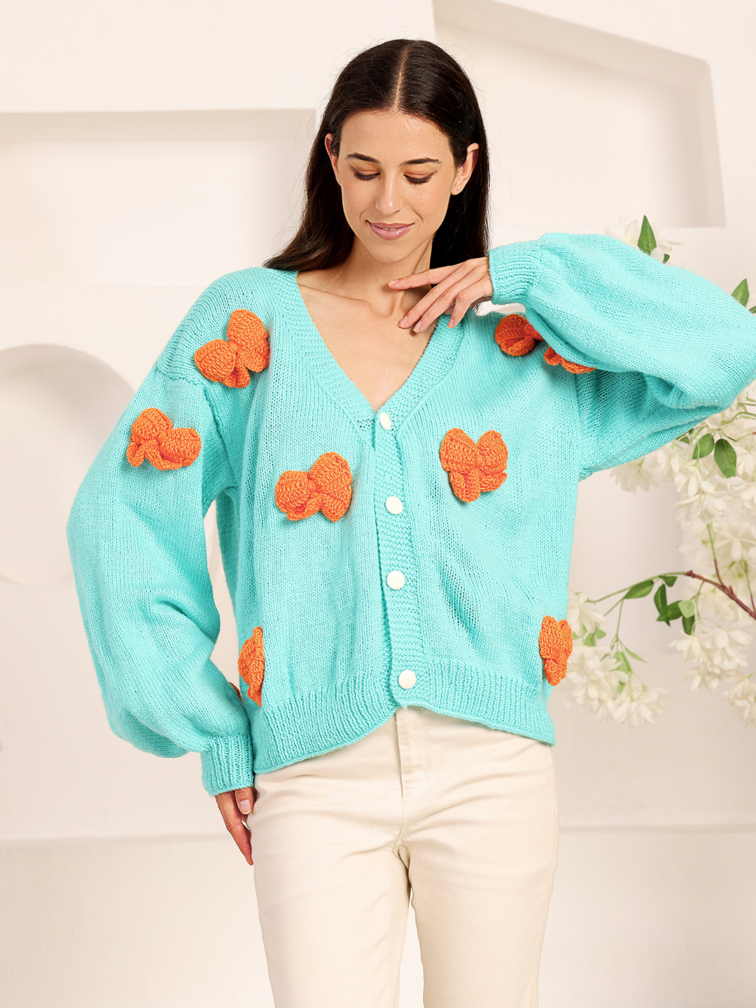 Velvery Knitted Bow Applique Cardigan - Green
