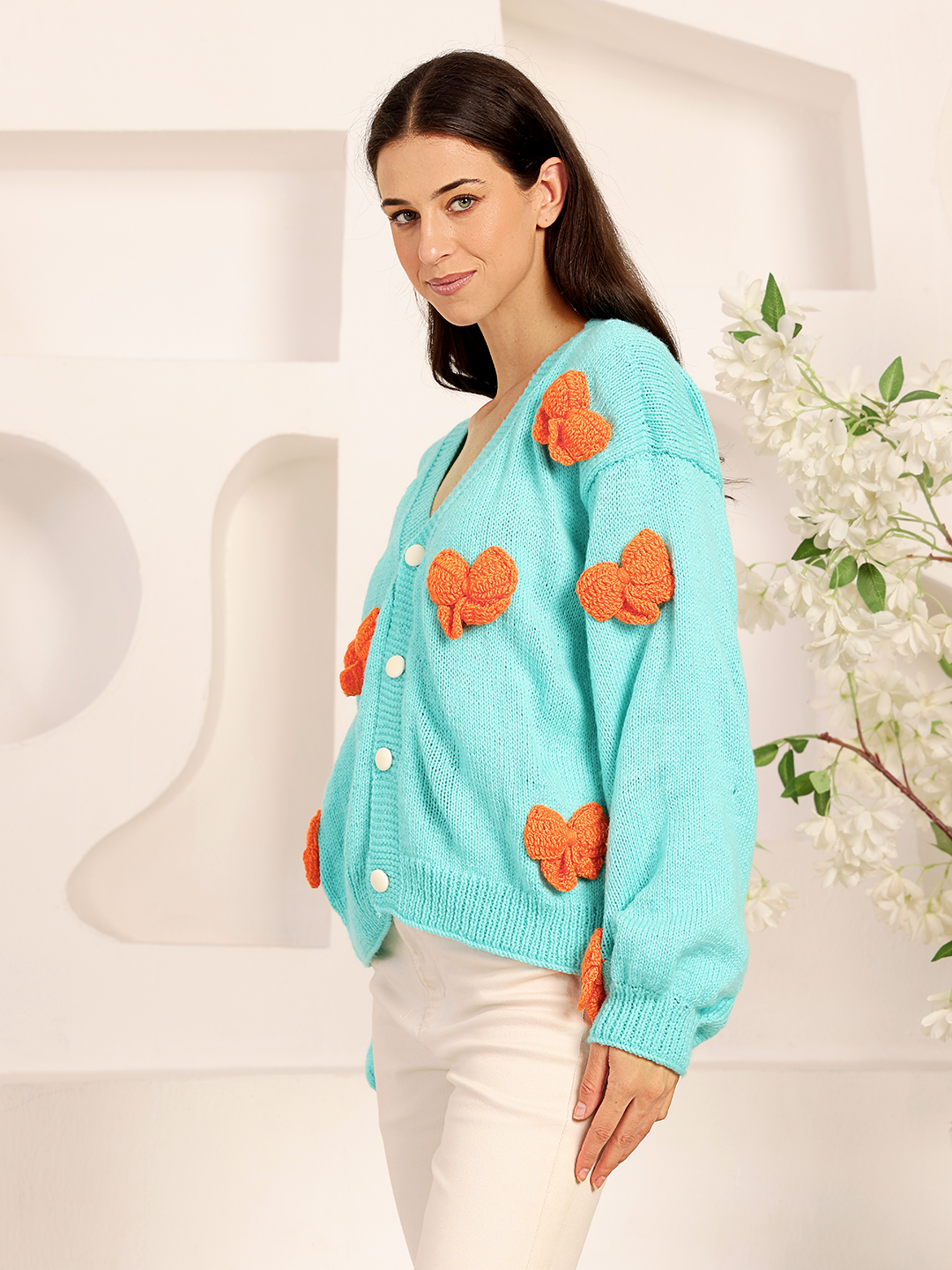 Velvery Knitted Bow Applique Cardigan - Green