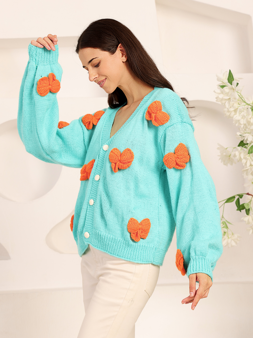 Velvery Knitted Bow Applique Cardigan - Green