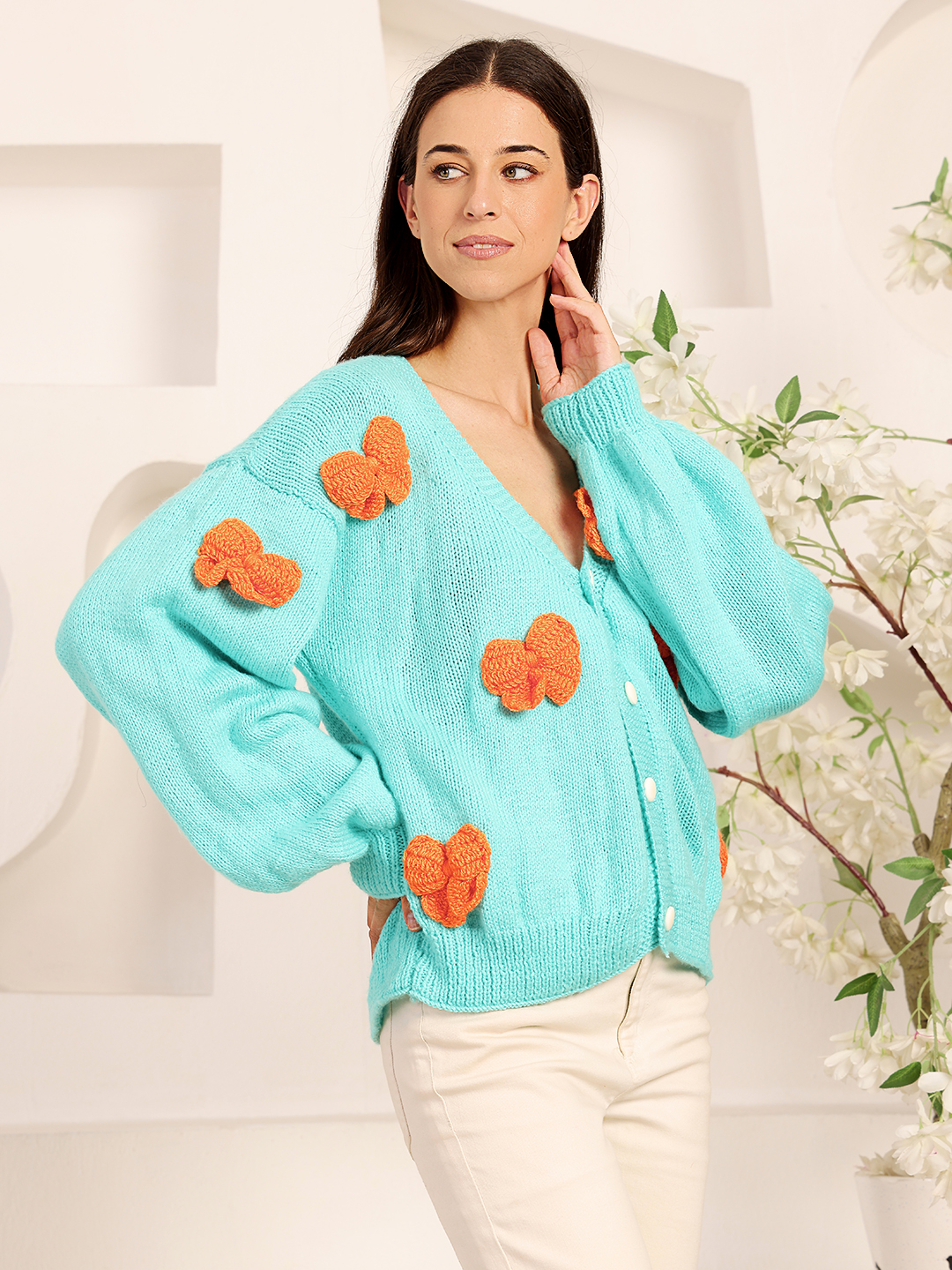 Velvery Knitted Bow Applique Cardigan - Green