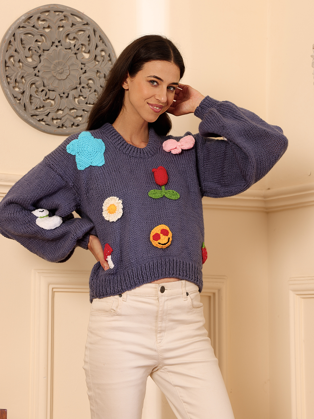 Trendy Cute Applique Sweater - Grey