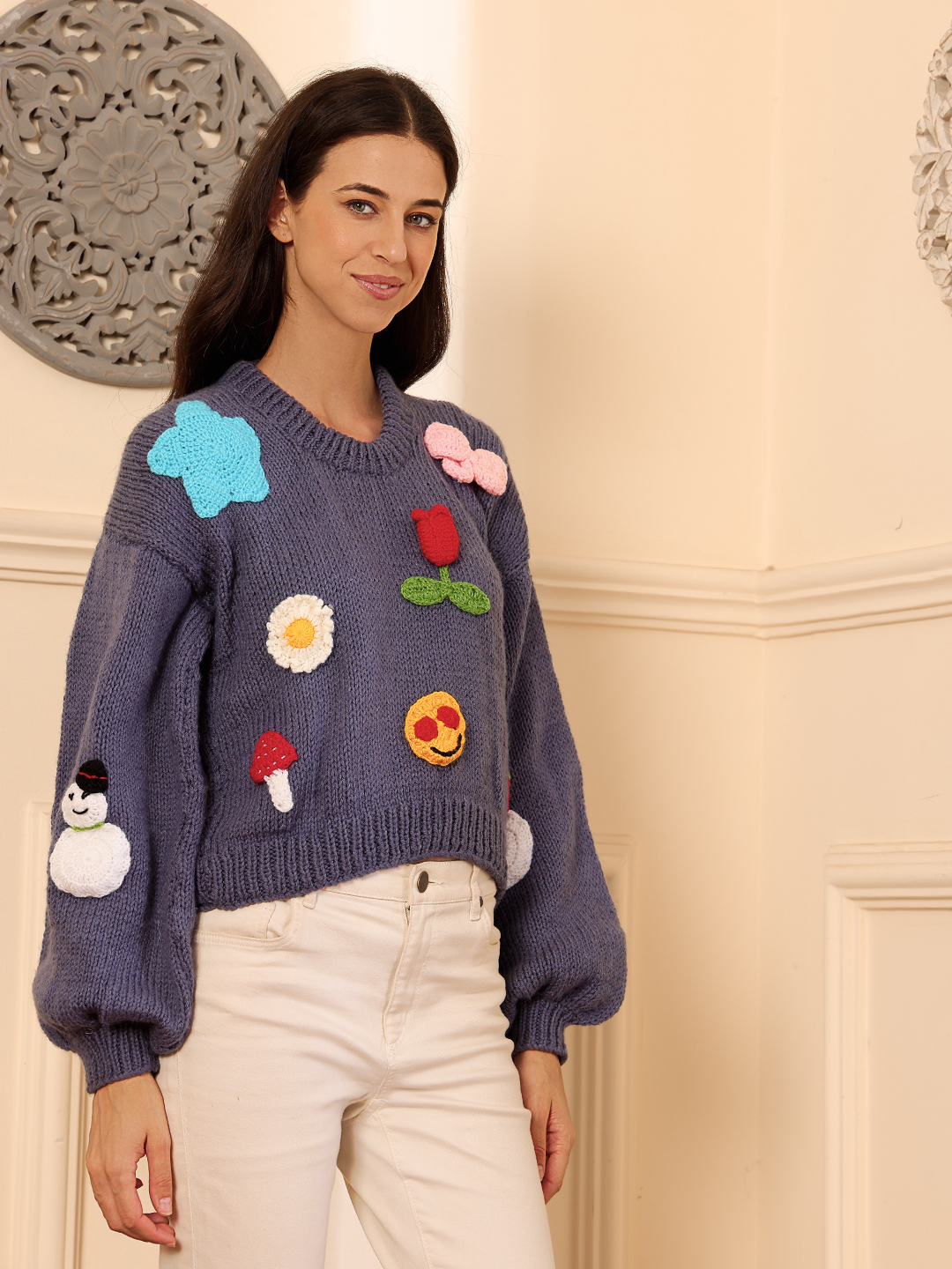 Trendy Cute Applique Sweater - Grey