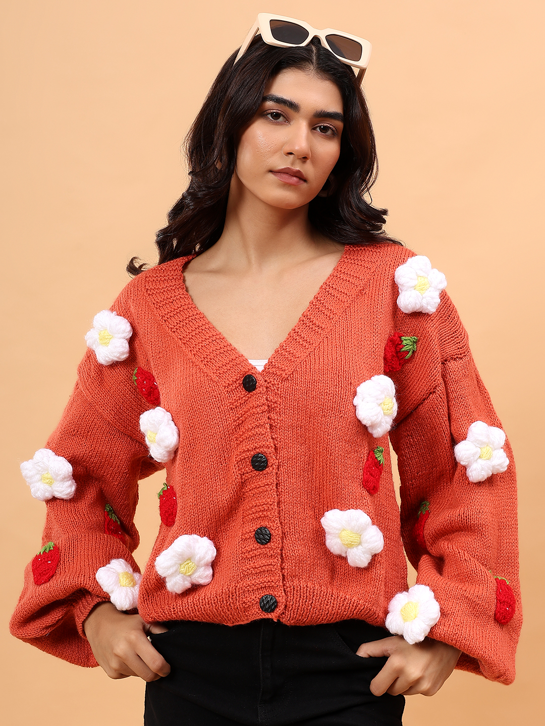 Floral V-Neck Cardigan with Strawberry Appliques
