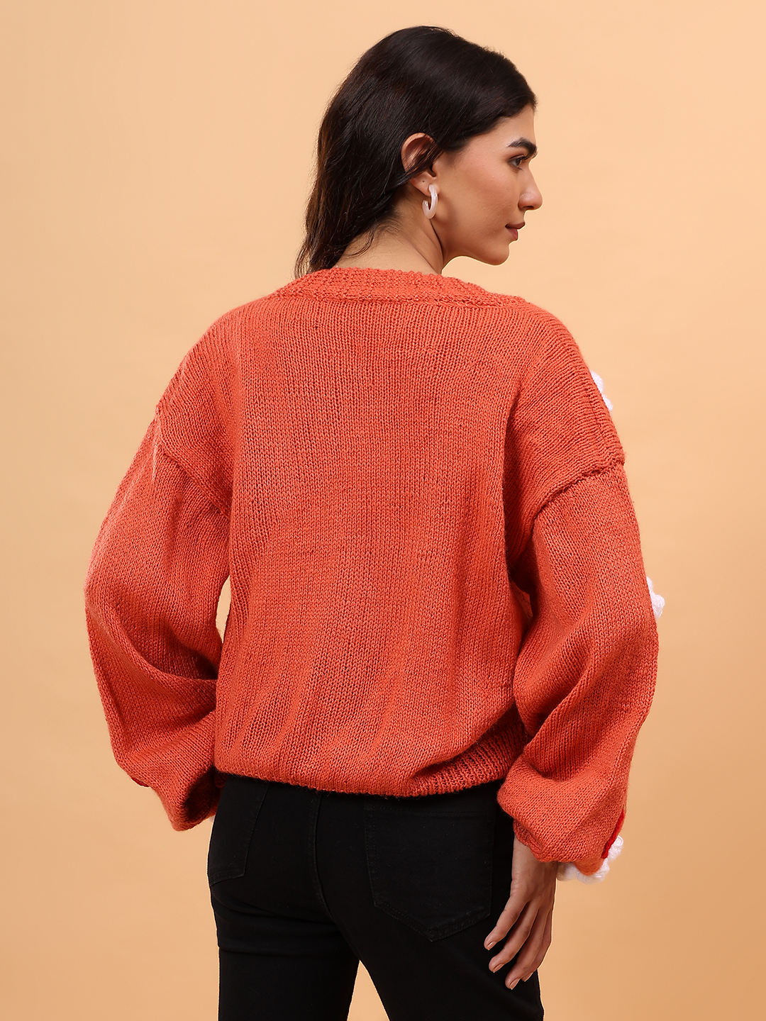 Floral V-Neck Cardigan with Strawberry Appliques