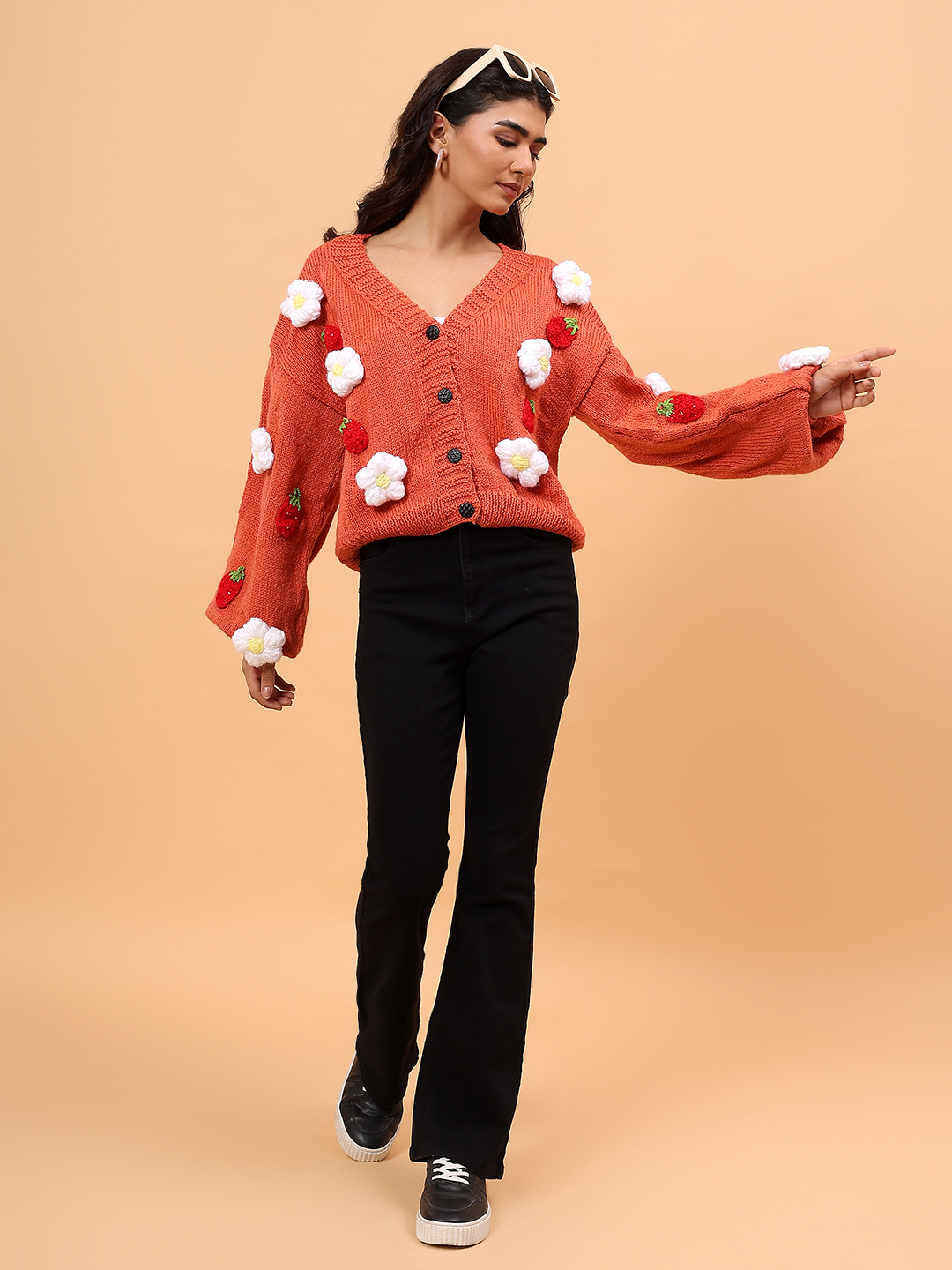 Floral V-Neck Cardigan with Strawberry Appliques