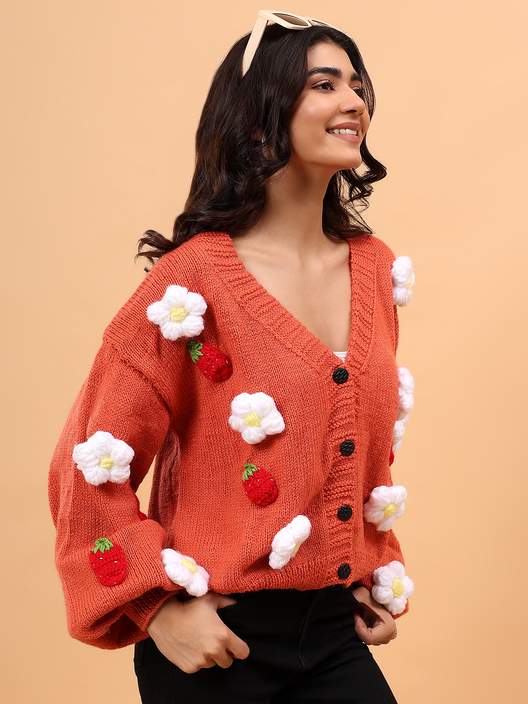 Floral V-Neck Cardigan with Strawberry Appliques