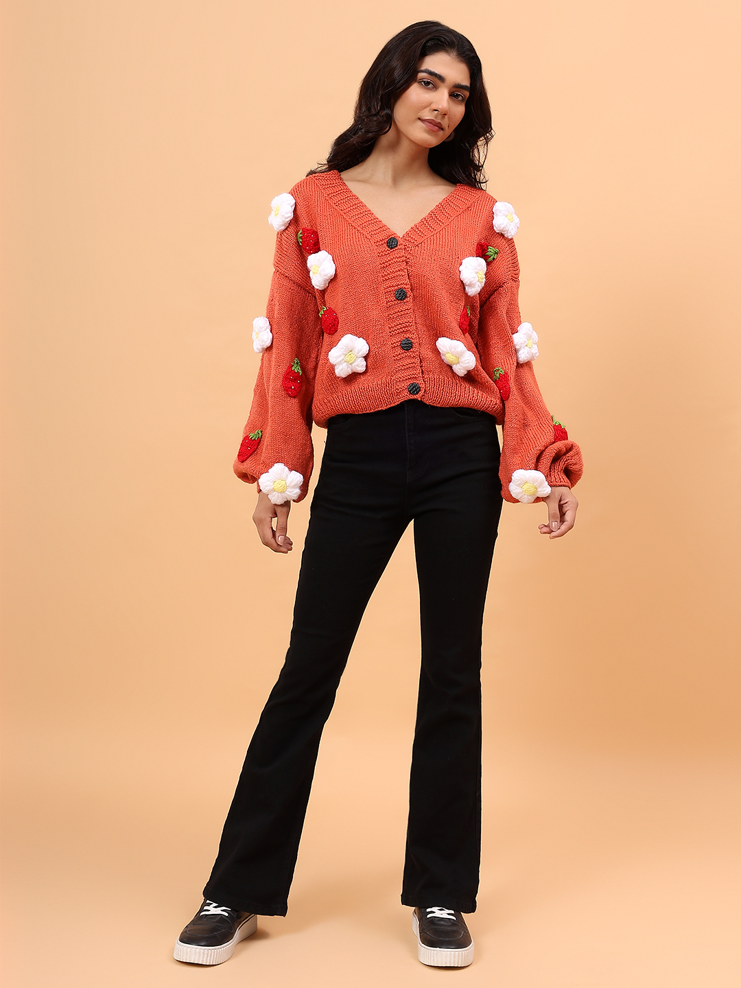 Floral V-Neck Cardigan with Strawberry Appliques