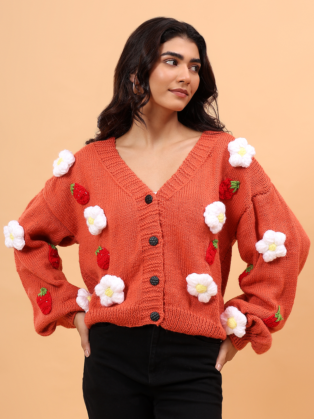 Floral V-Neck Cardigan with Strawberry Appliques