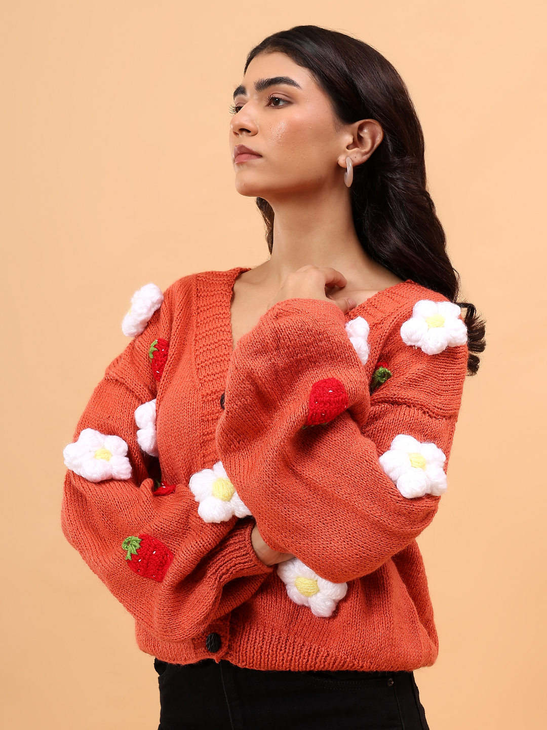 Floral V-Neck Cardigan with Strawberry Appliques