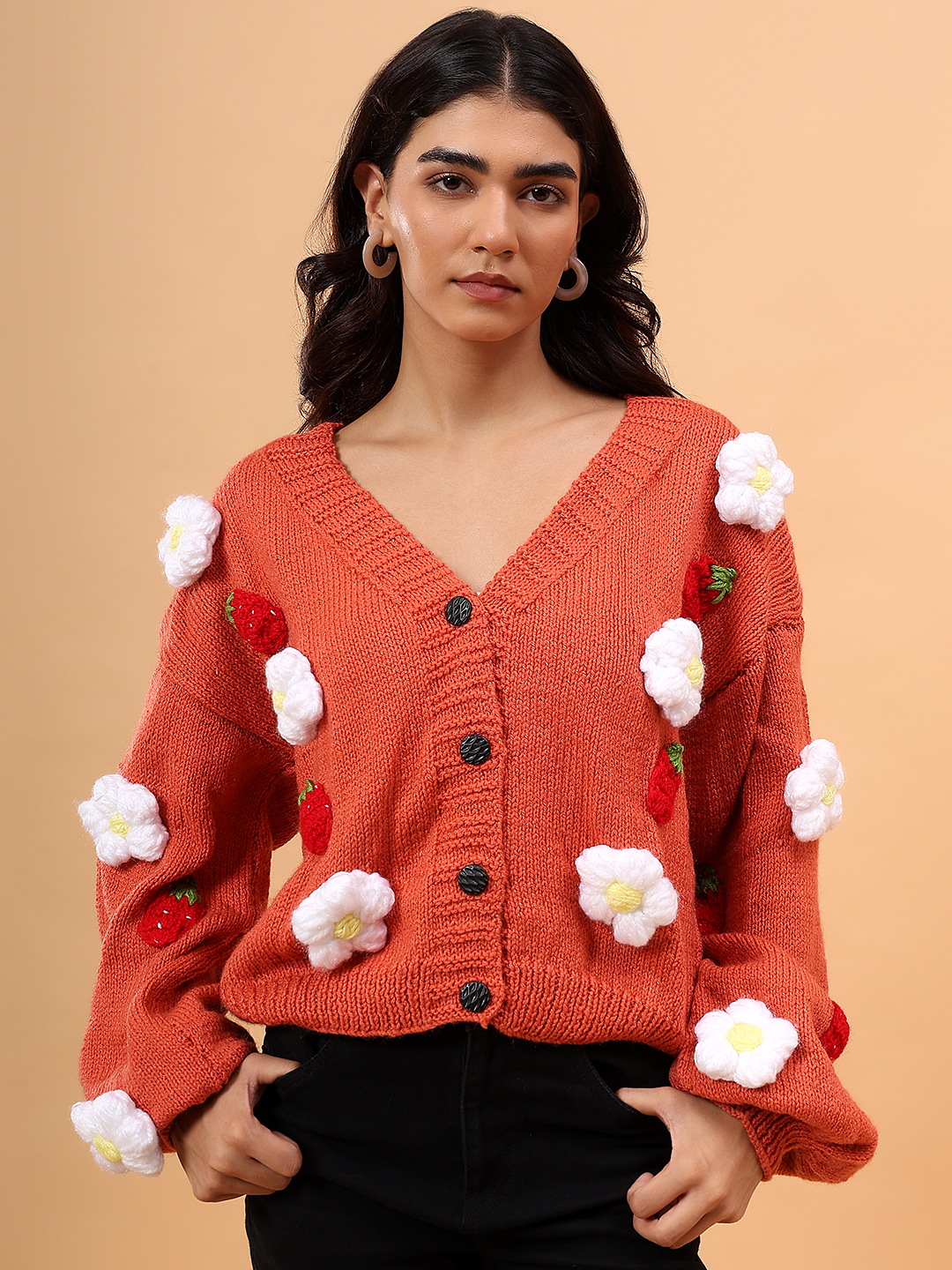 Floral V-Neck Cardigan with Strawberry Appliques