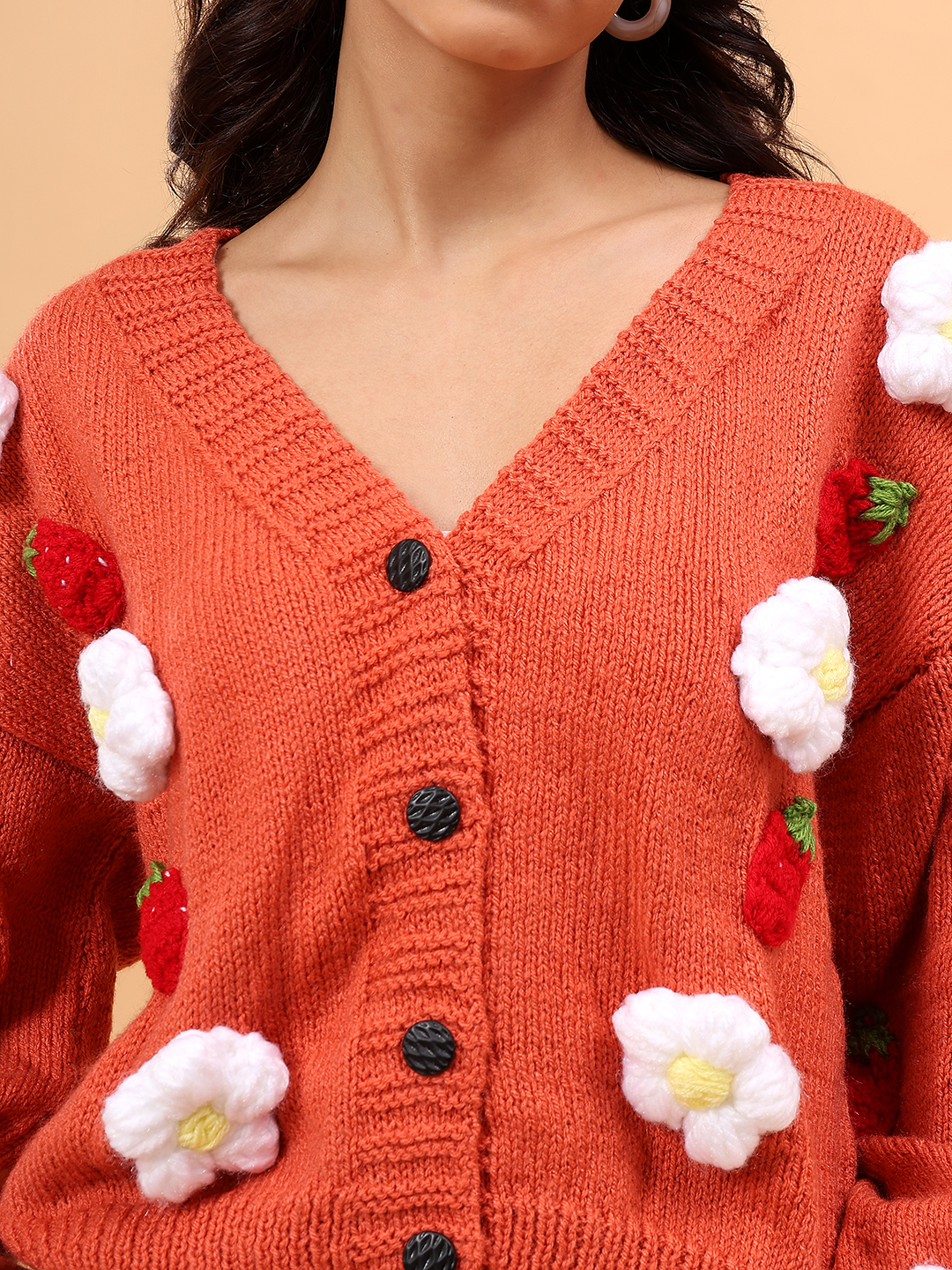 Floral V-Neck Cardigan with Strawberry Appliques