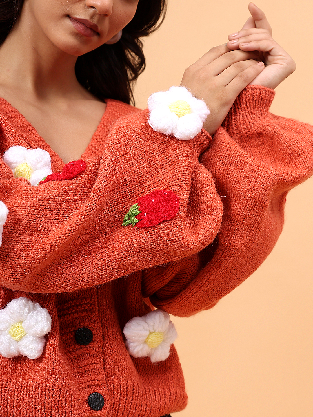 Floral V-Neck Cardigan with Strawberry Appliques