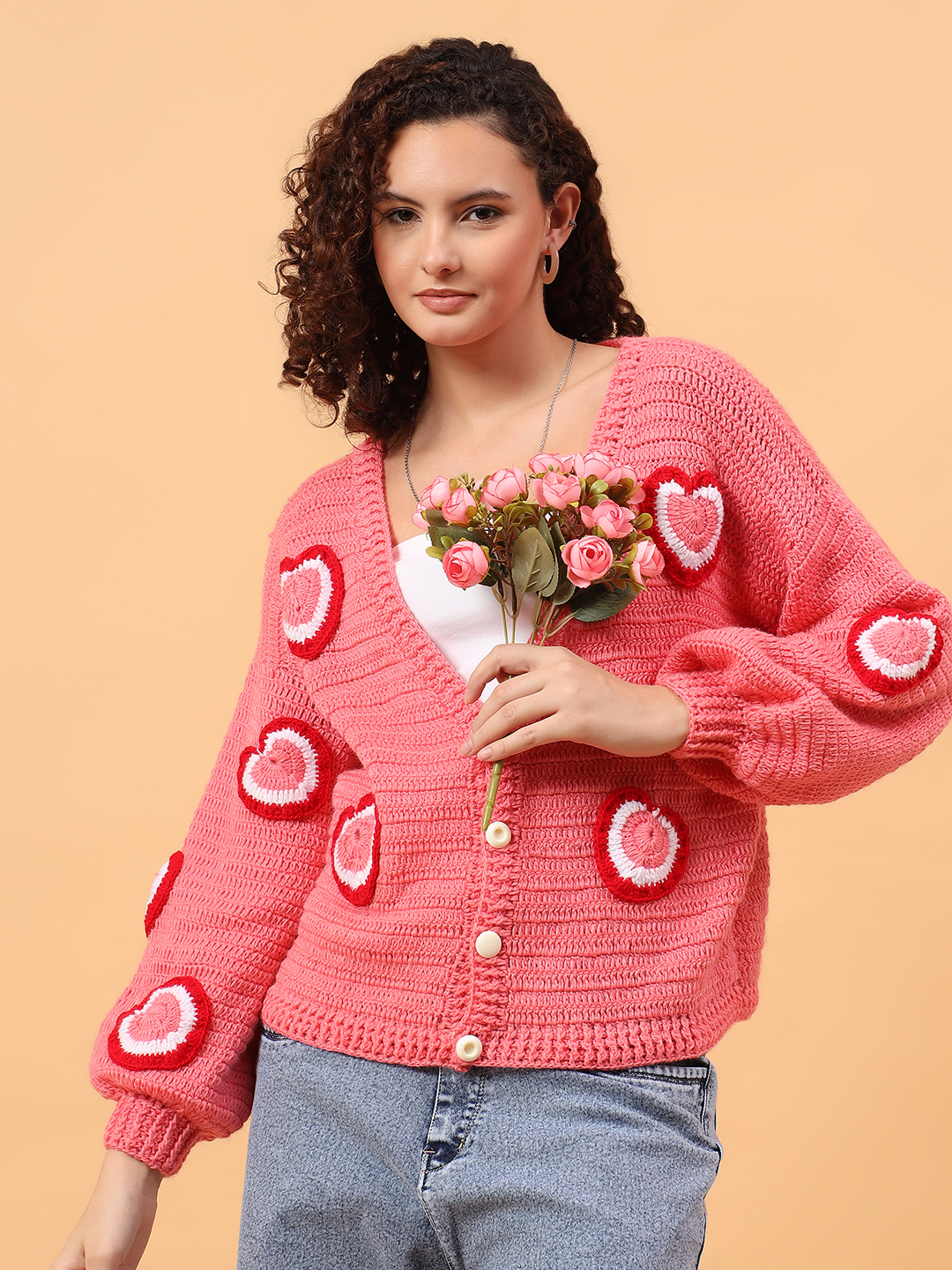 Handknit Tricolored Heart Applique Cardigan - Peach