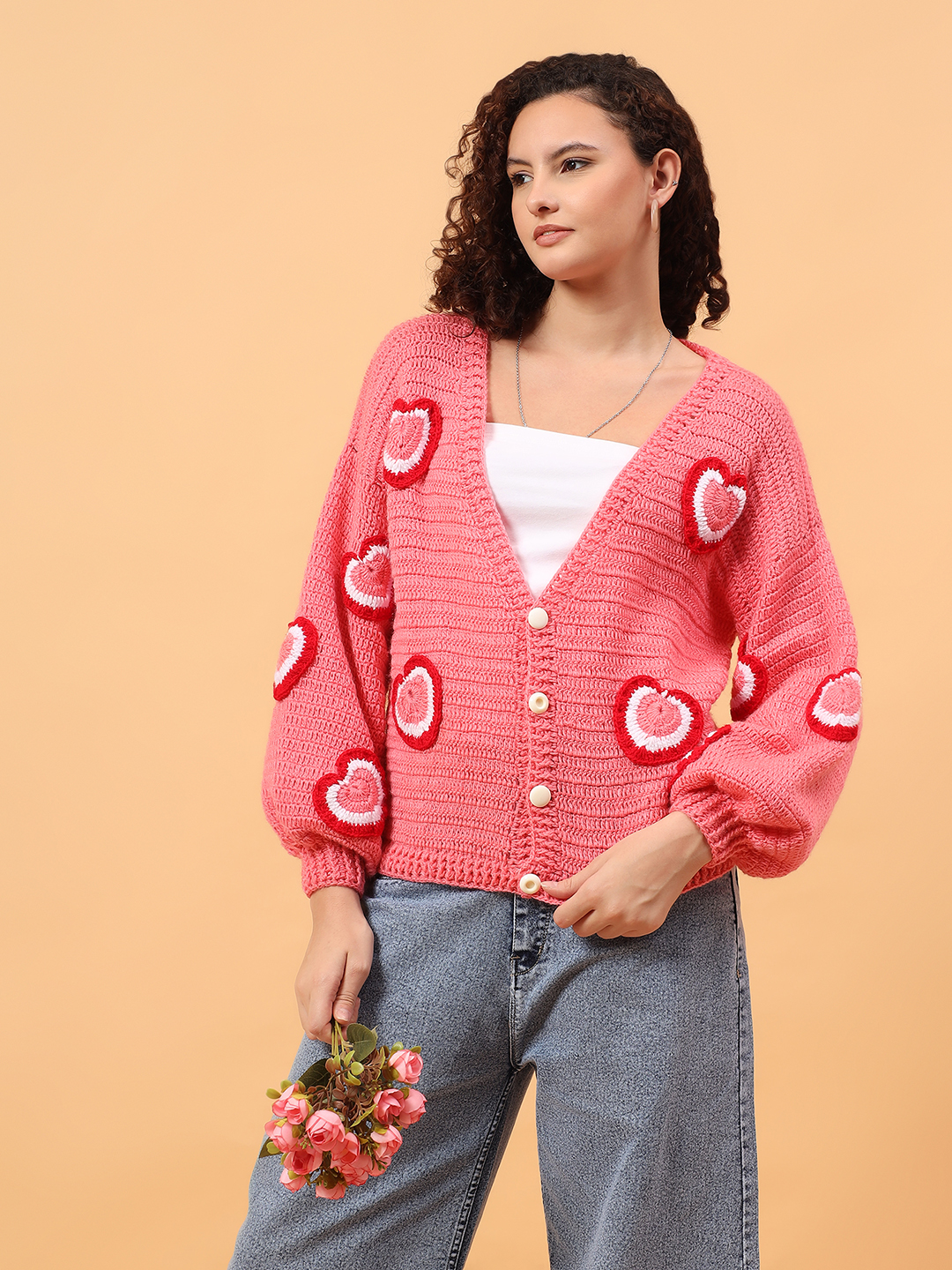 Handknit Tricolored Heart Applique Cardigan - Peach