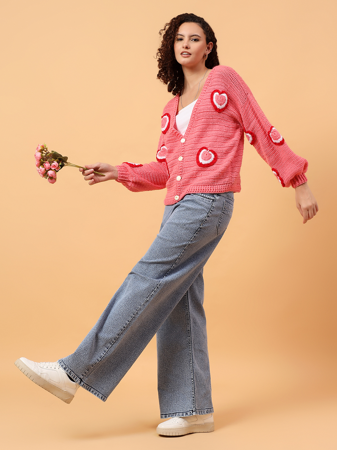Handknit Tricolored Heart Applique Cardigan - Peach