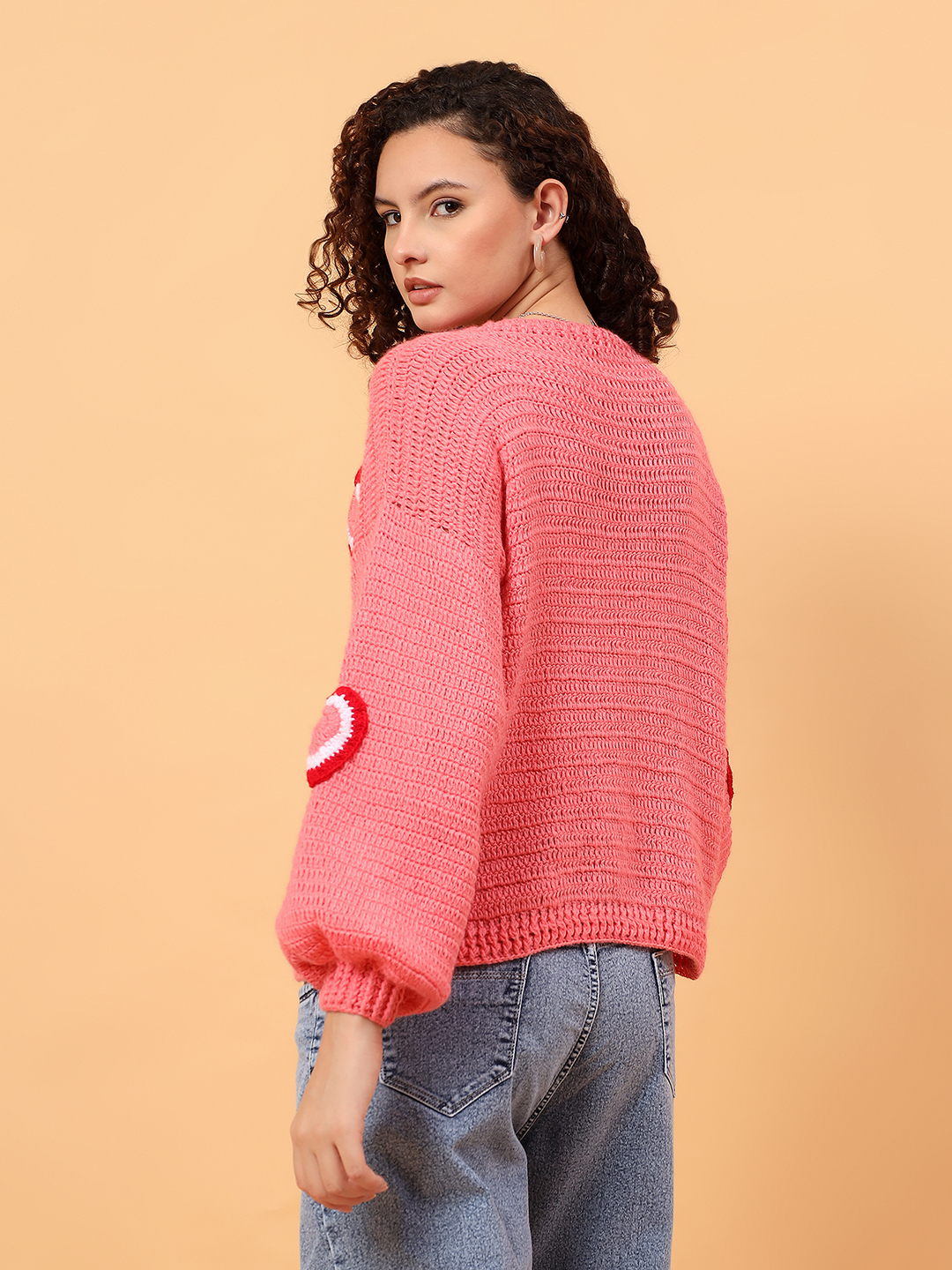 Handknit Tricolored Heart Applique Cardigan - Peach