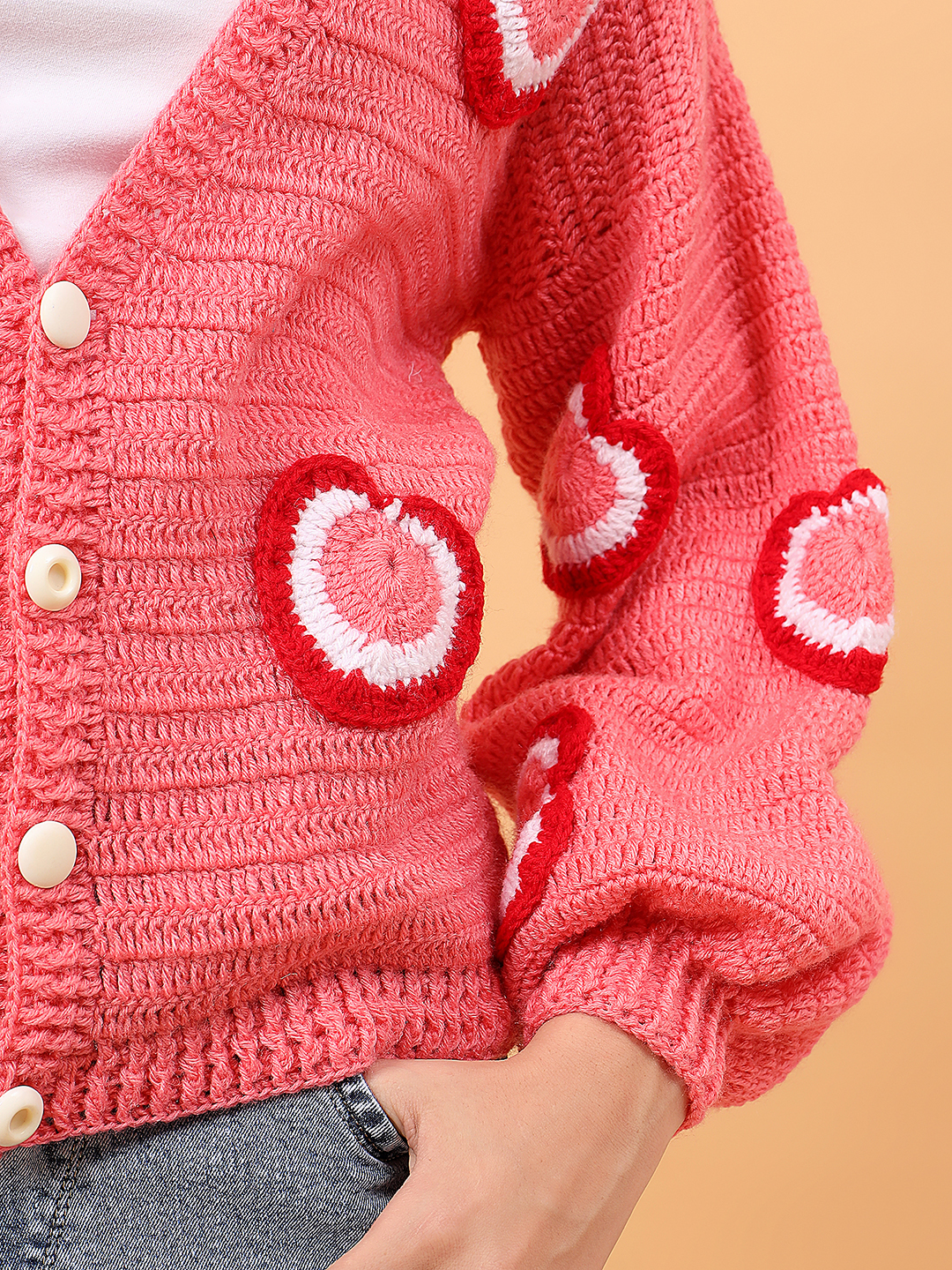 Handknit Tricolored Heart Applique Cardigan - Peach