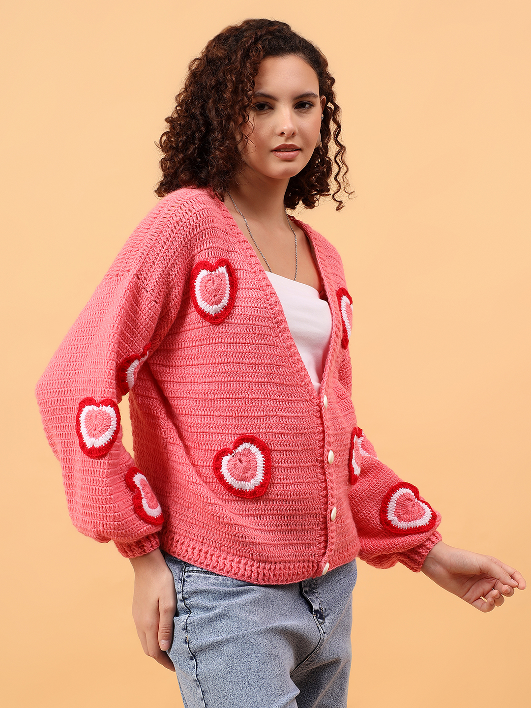 Handknit Tricolored Heart Applique Cardigan - Peach