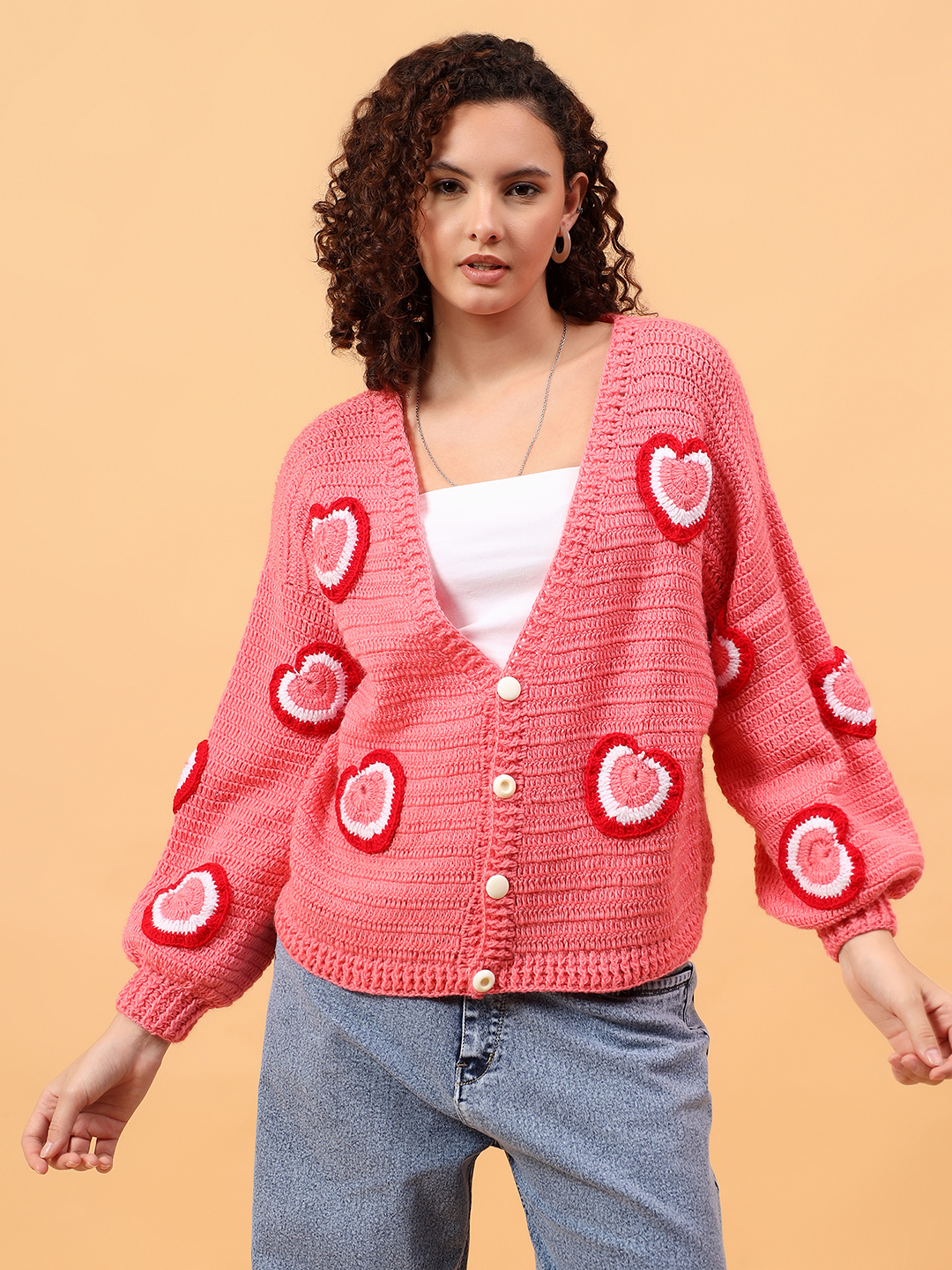 Handknit Tricolored Heart Applique Cardigan - Peach