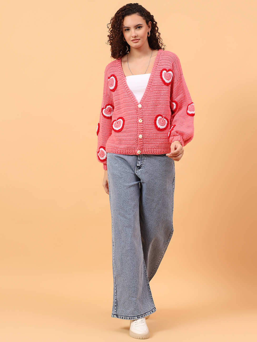 Handknit Tricolored Heart Applique Cardigan - Peach