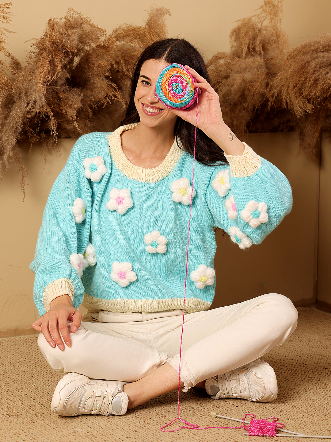 3D Daisy Applique Sweater - Sky Blue