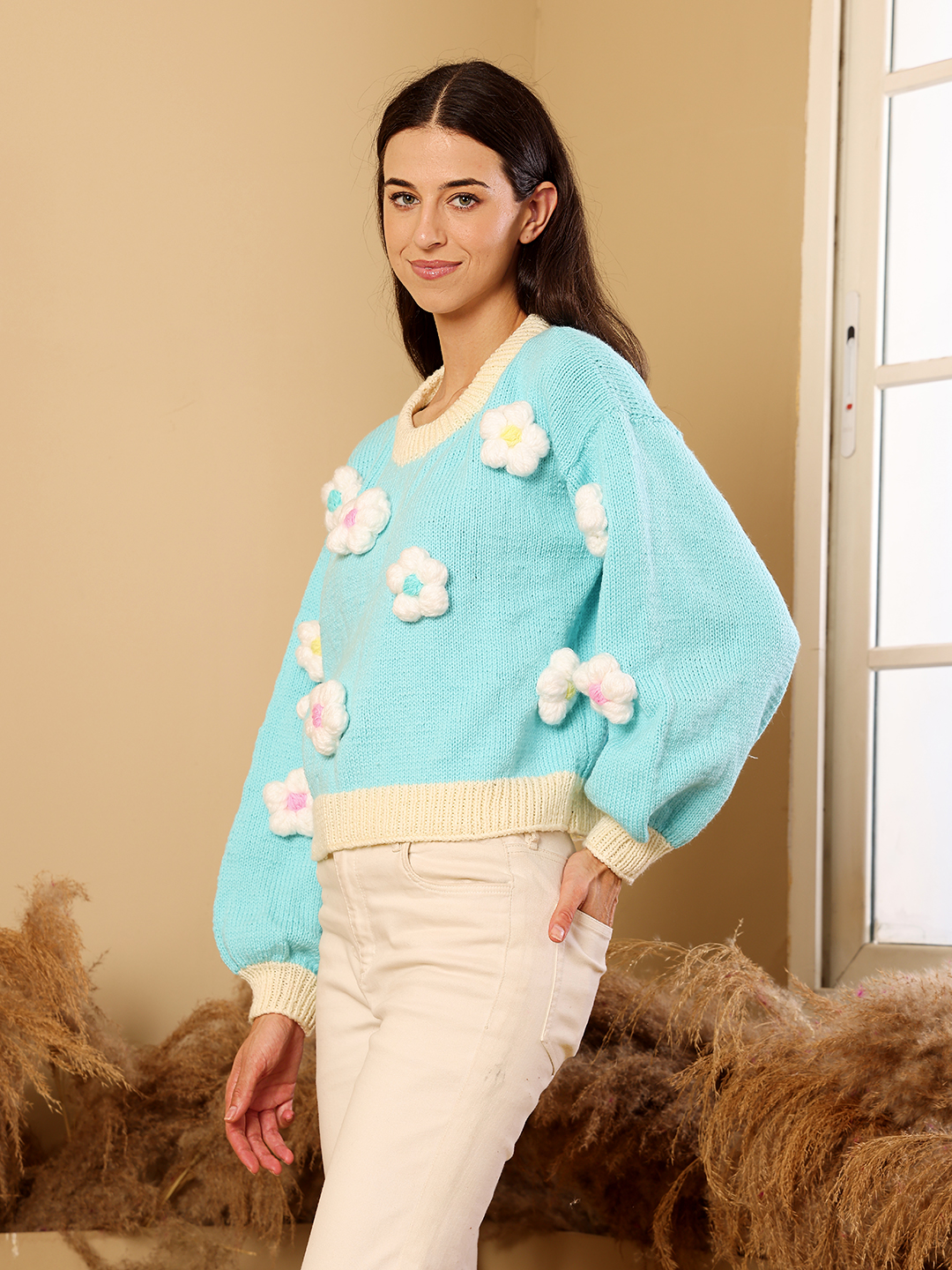 3D Daisy Applique Sweater - Sky Blue
