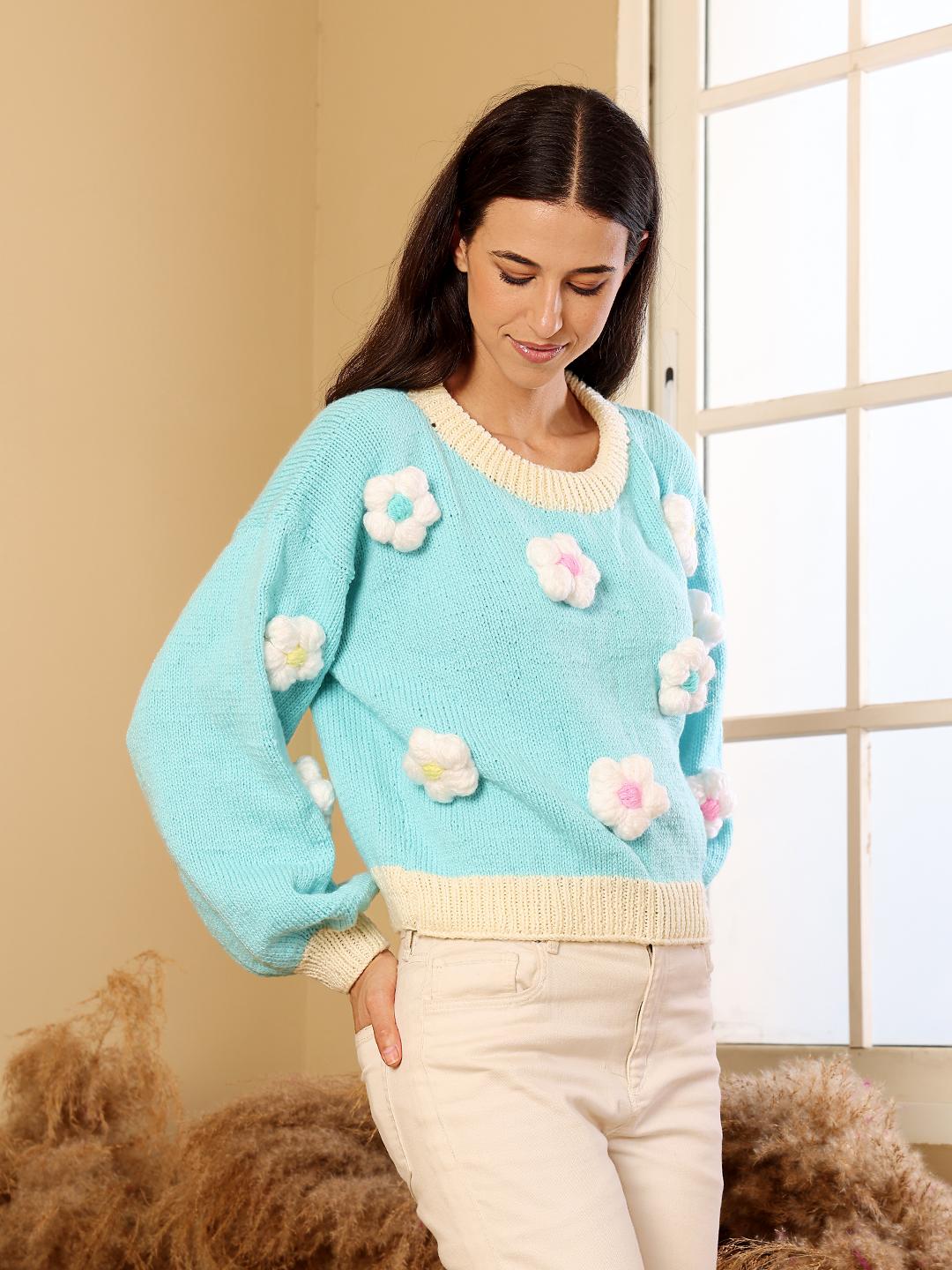 3D Daisy Applique Sweater - Sky Blue