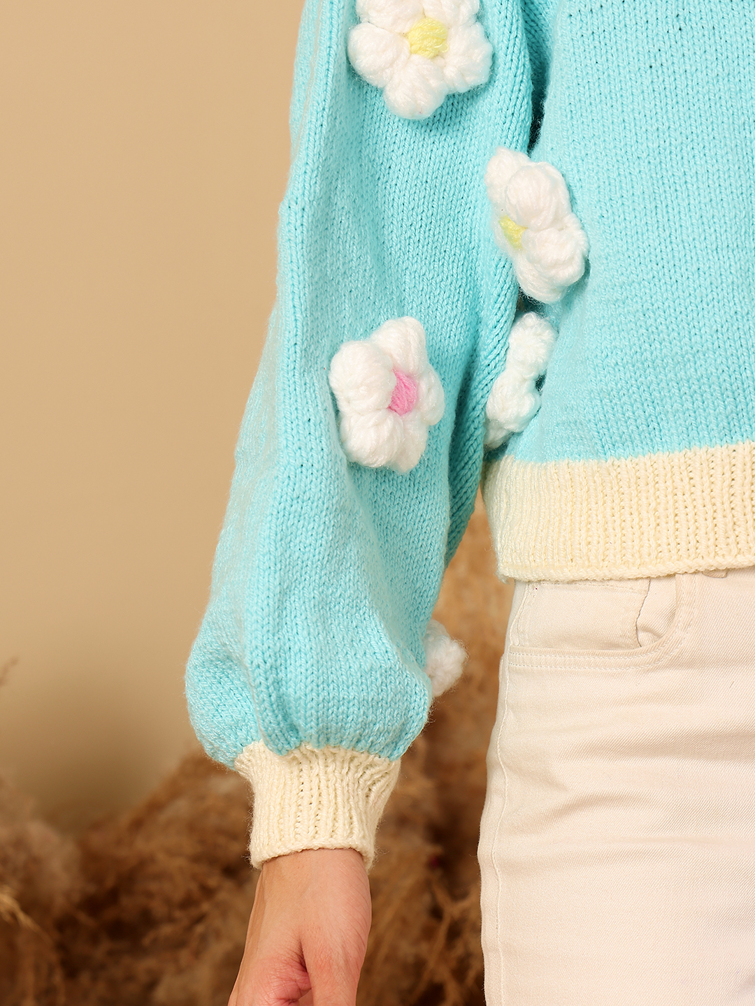 3D Daisy Applique Sweater - Sky Blue