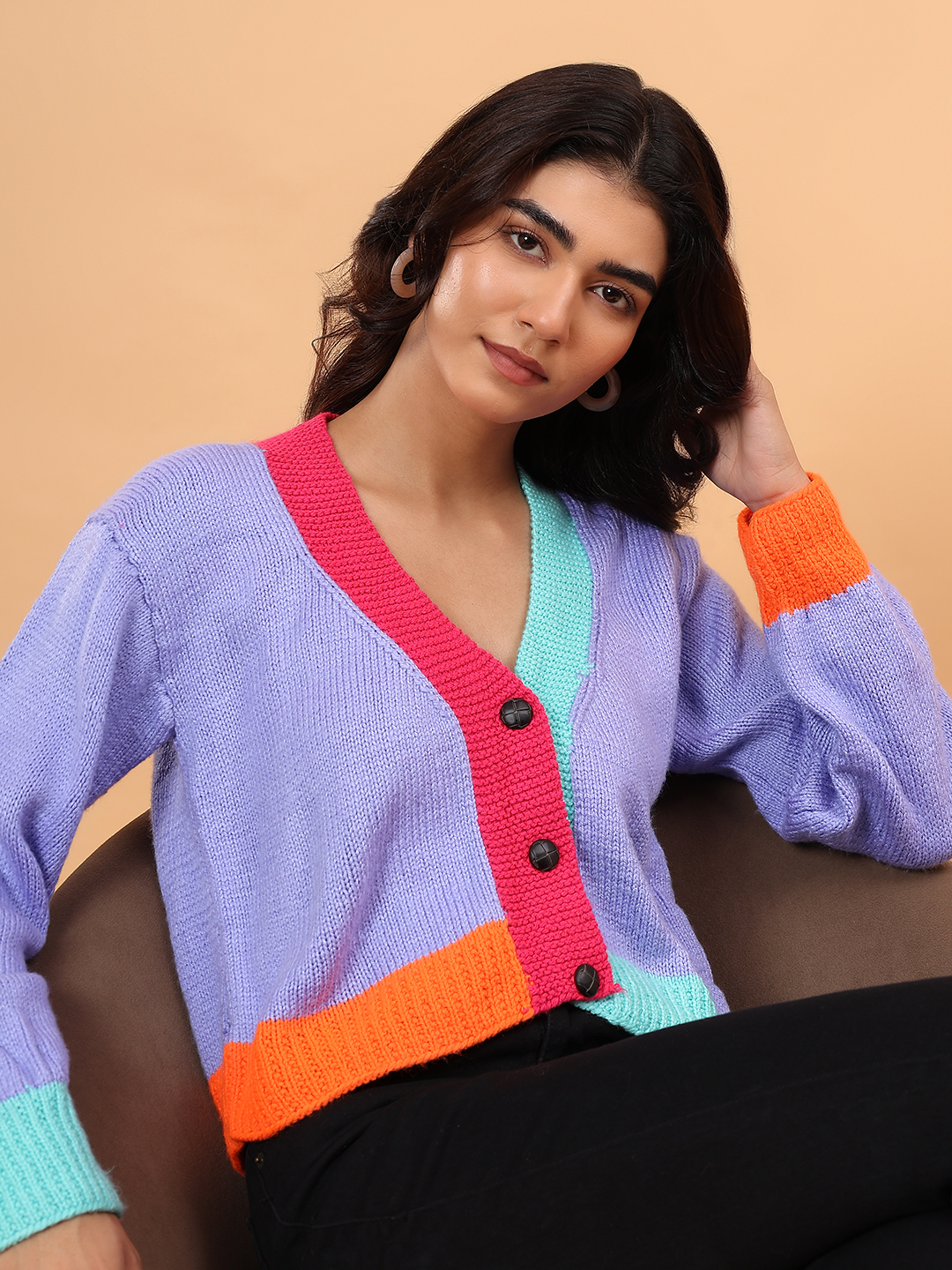 ColorBlock Handknitted V-Neck Cardigan - Lavender