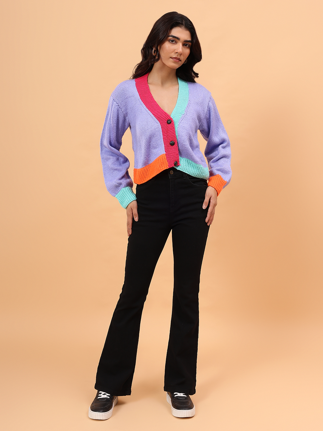 ColorBlock Handknitted V-Neck Cardigan - Lavender