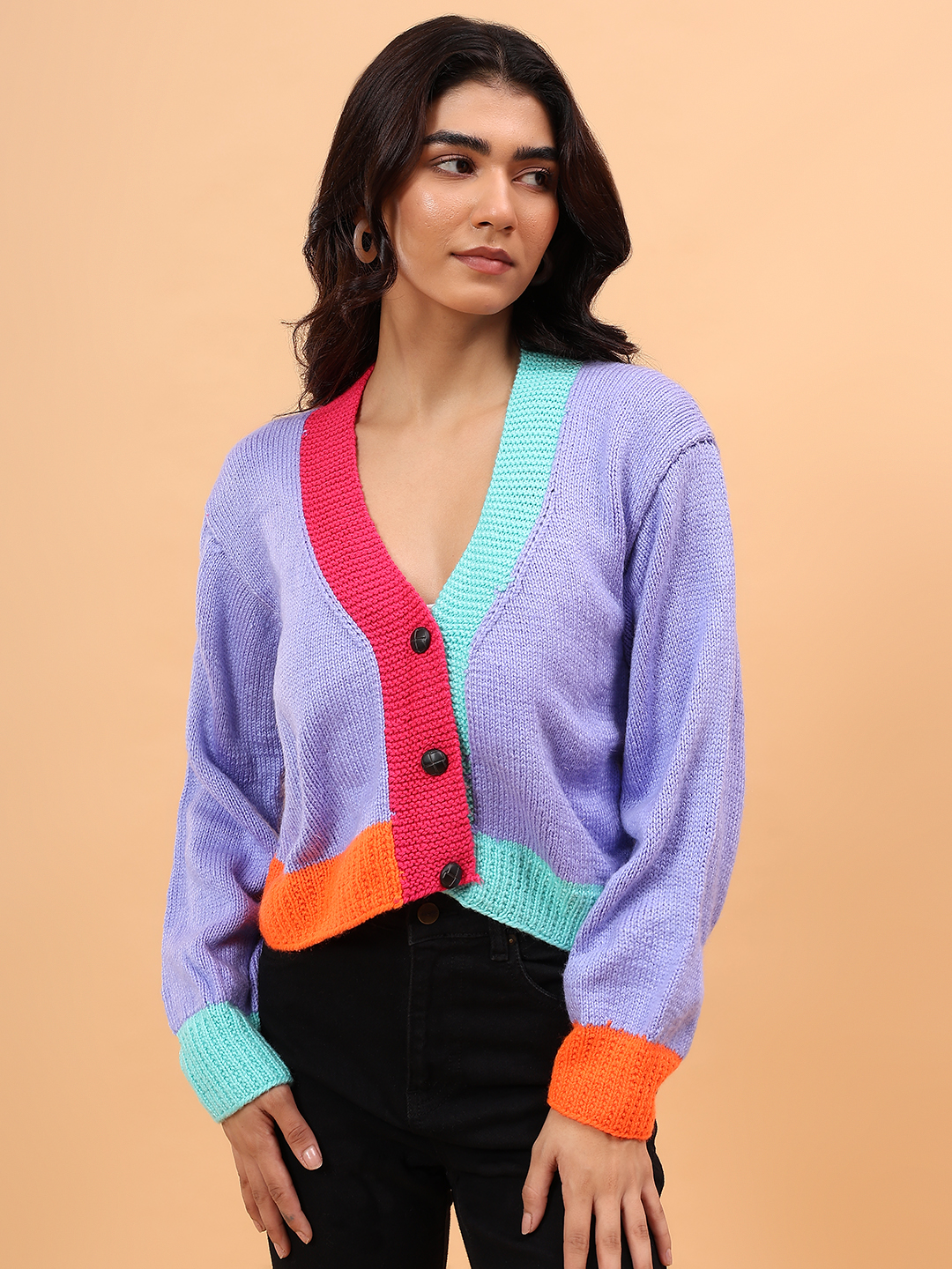 ColorBlock Handknitted V-Neck Cardigan - Lavender