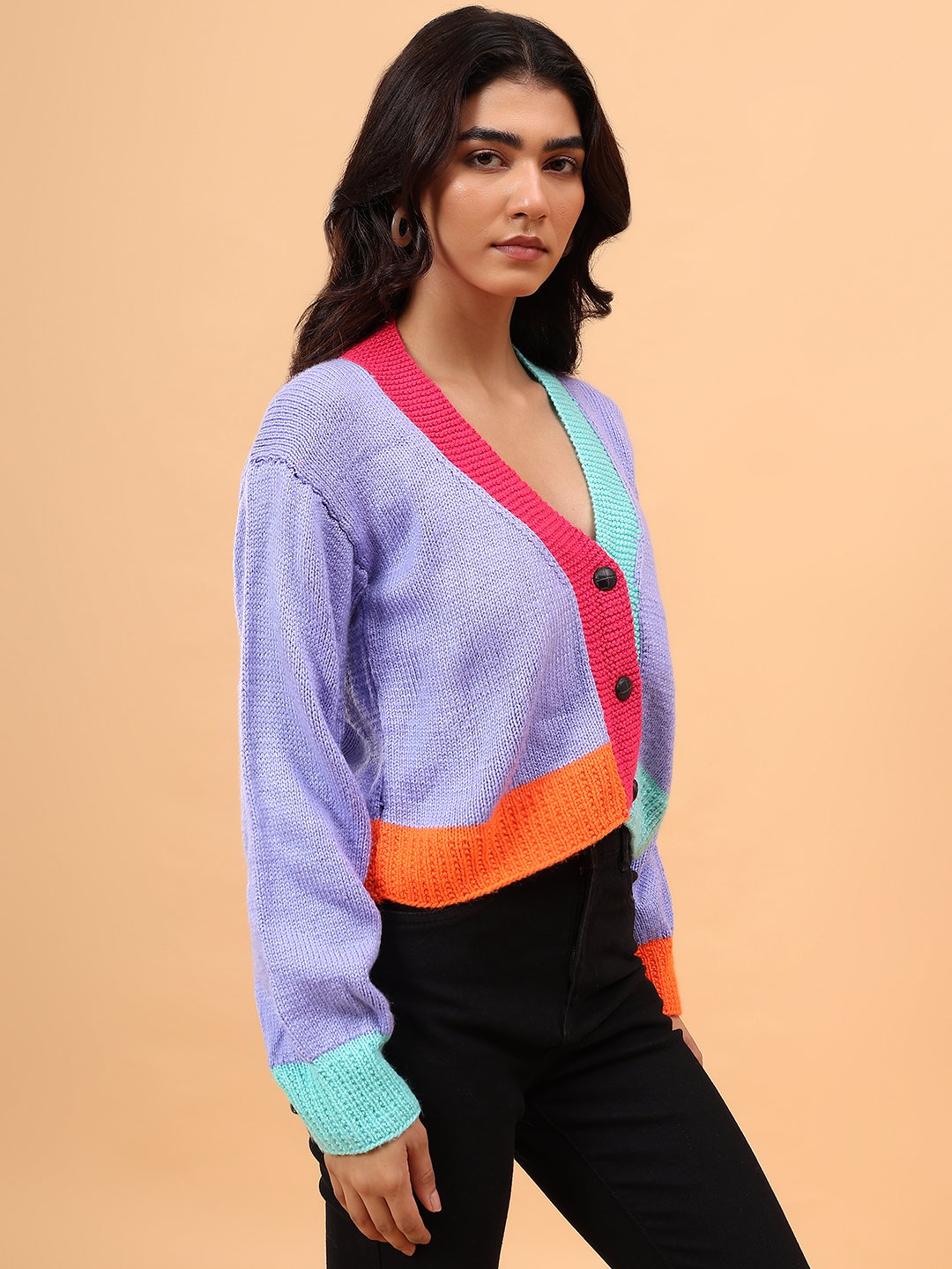 ColorBlock Handknitted V-Neck Cardigan - Lavender