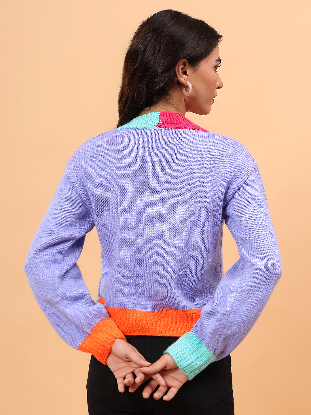 ColorBlock Handknitted V-Neck Cardigan - Lavender