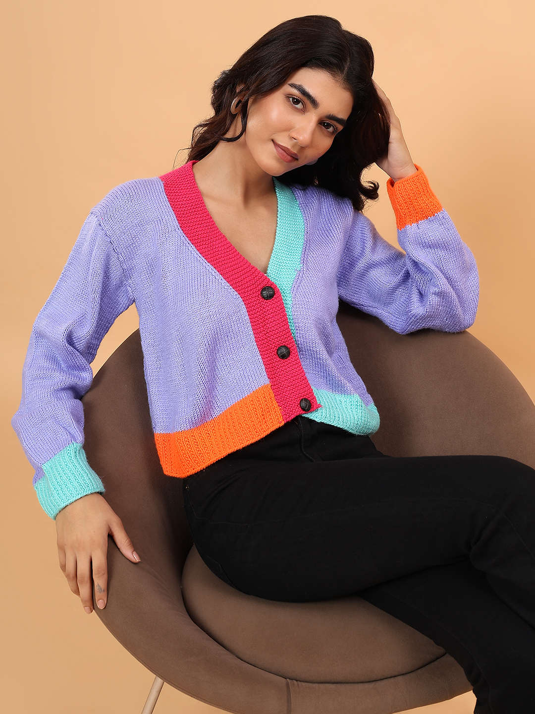 ColorBlock Handknitted V-Neck Cardigan - Lavender