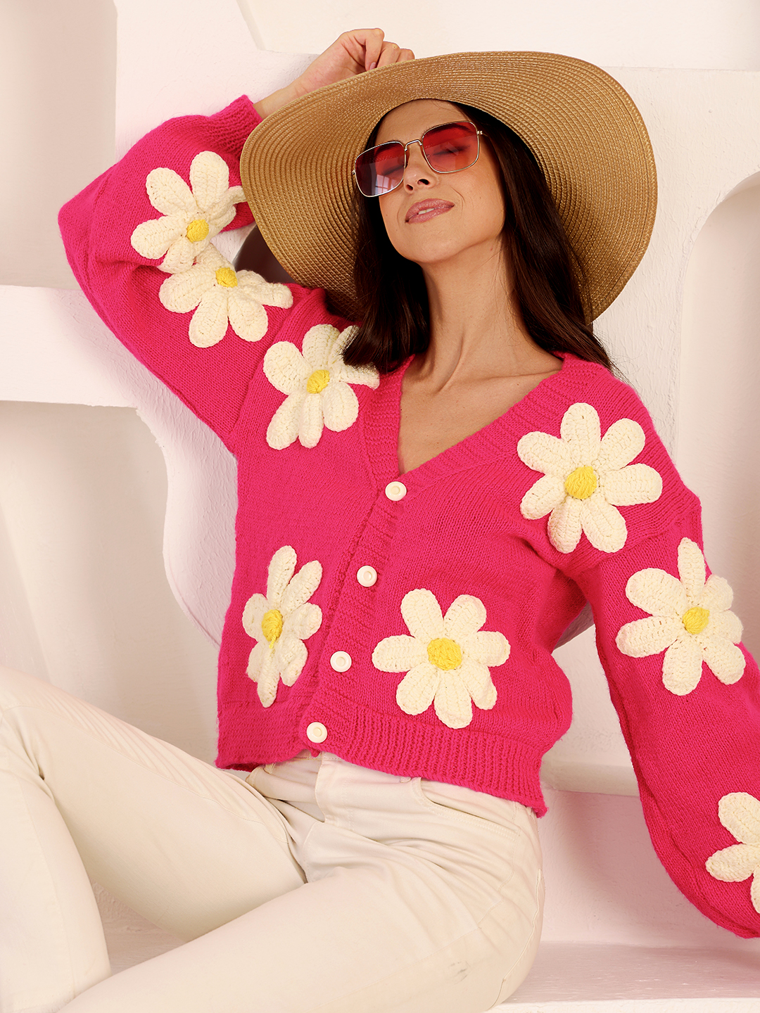 Oversized Floral V-Neck Cardigan - Pappy Fuscia
