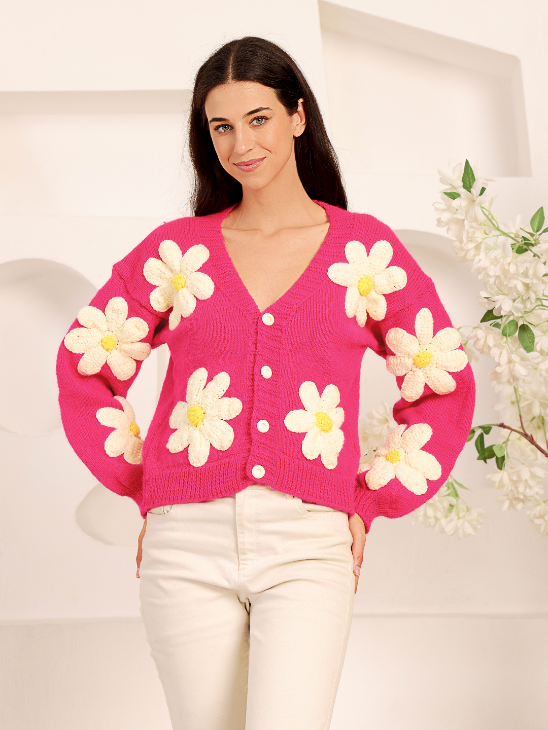 Oversized Floral V-Neck Cardigan - Pappy Fuscia