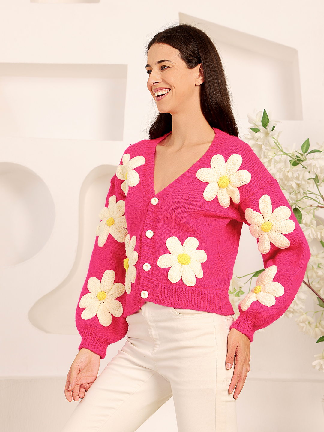 Oversized Floral V-Neck Cardigan - Pappy Fuscia