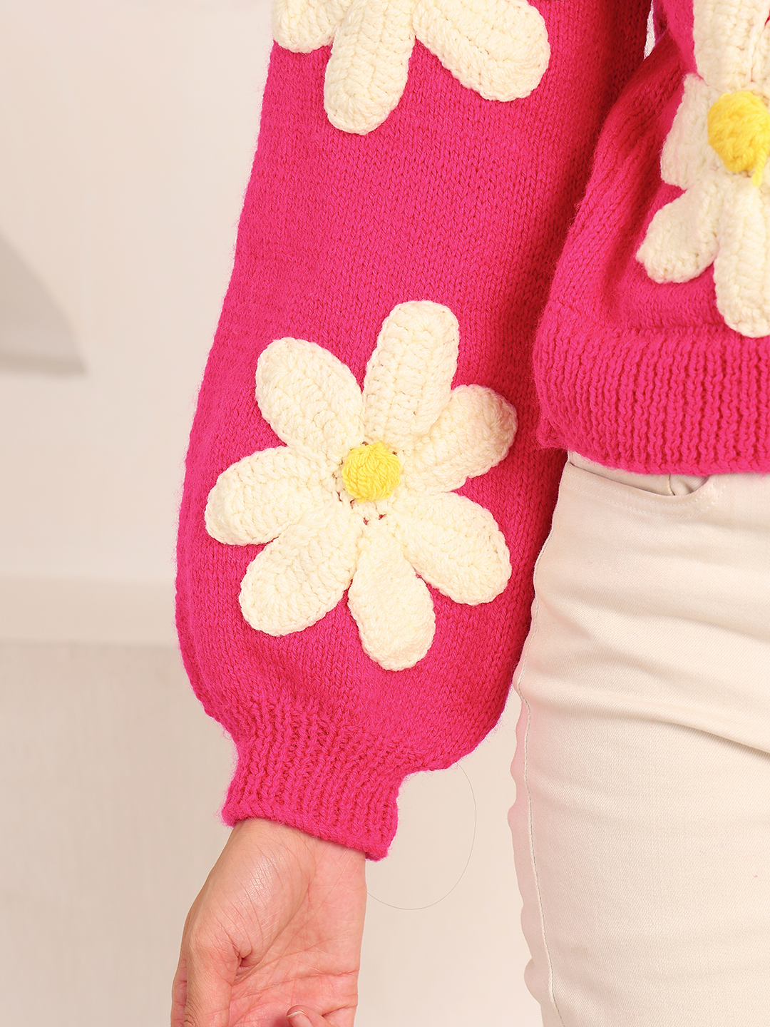 Oversized Floral V-Neck Cardigan - Pappy Fuscia