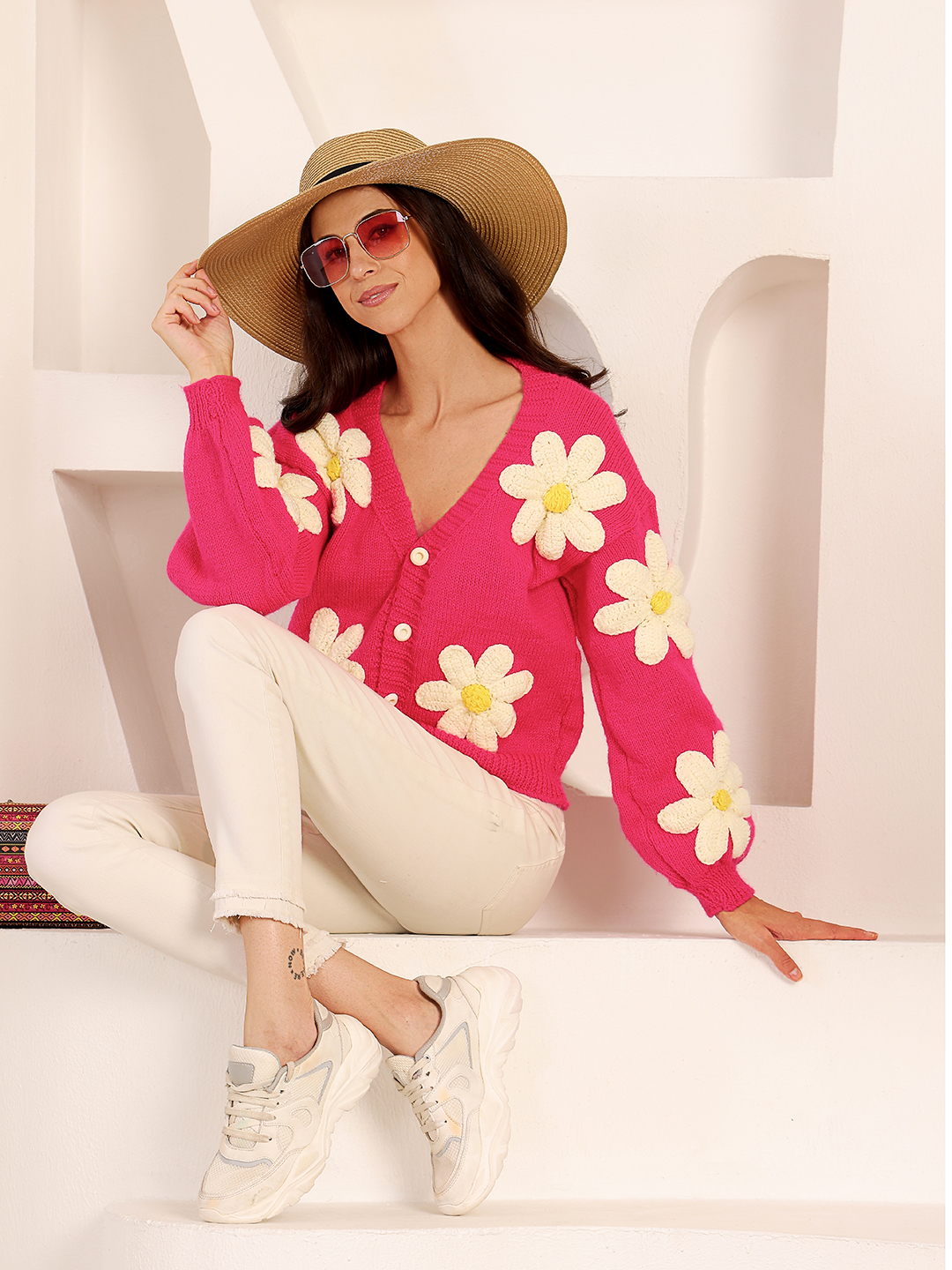 Oversized Floral V-Neck Cardigan - Pappy Fuscia
