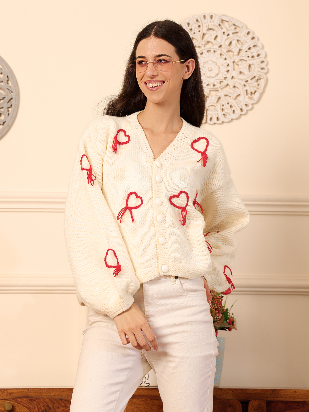 Velvery Red Heart Embroidered Cardigan - Cream
