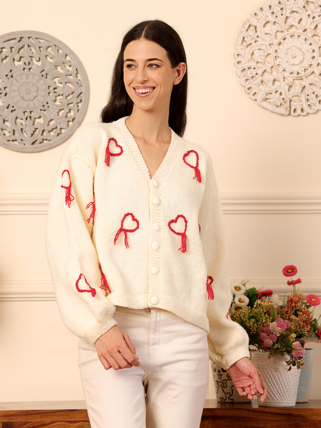 Velvery Red Heart Embroidered Cardigan - Cream