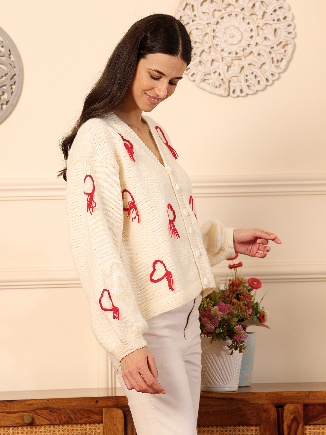 Velvery Red Heart Embroidered Cardigan - Cream