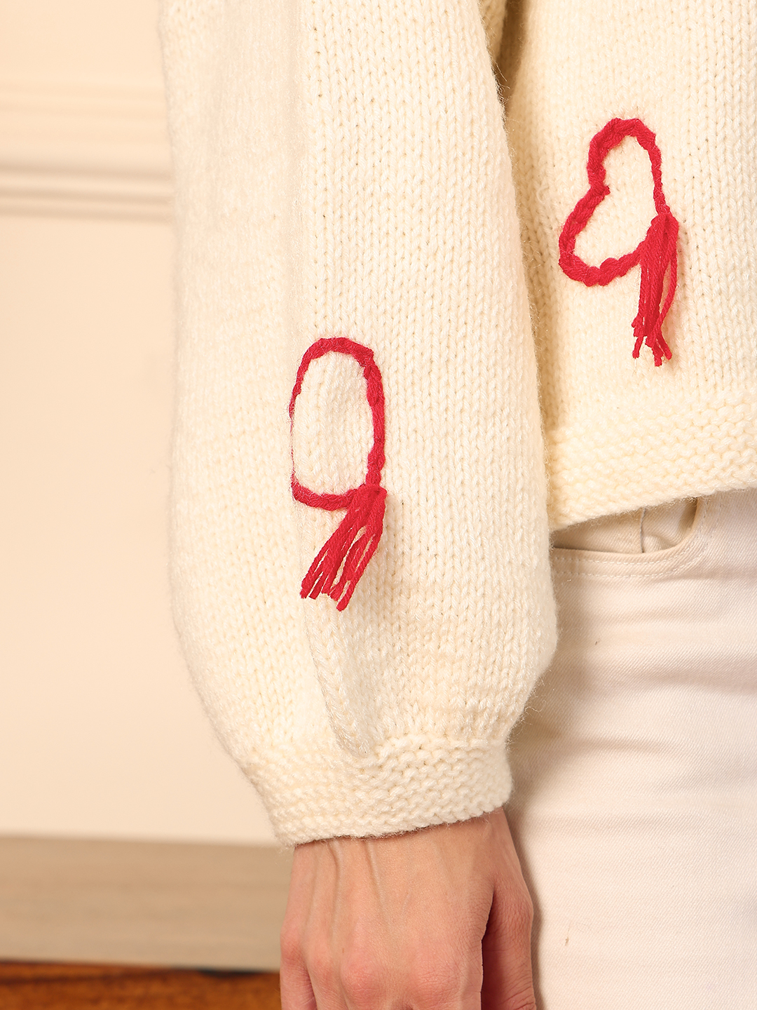 Velvery Red Heart Embroidered Cardigan - Cream