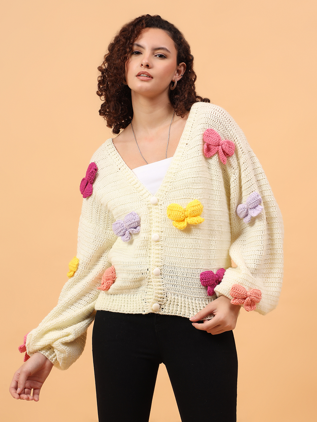Velvery Crochet Bow Applique Cardigan - Cream
