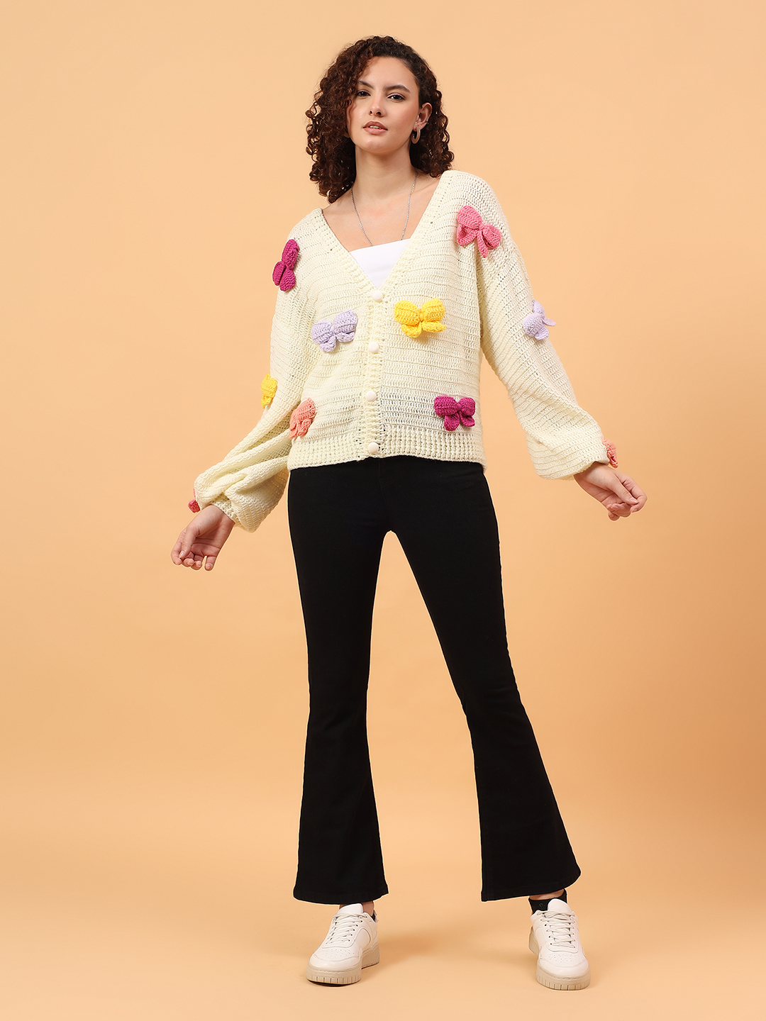 Velvery Crochet Bow Applique Cardigan - Cream