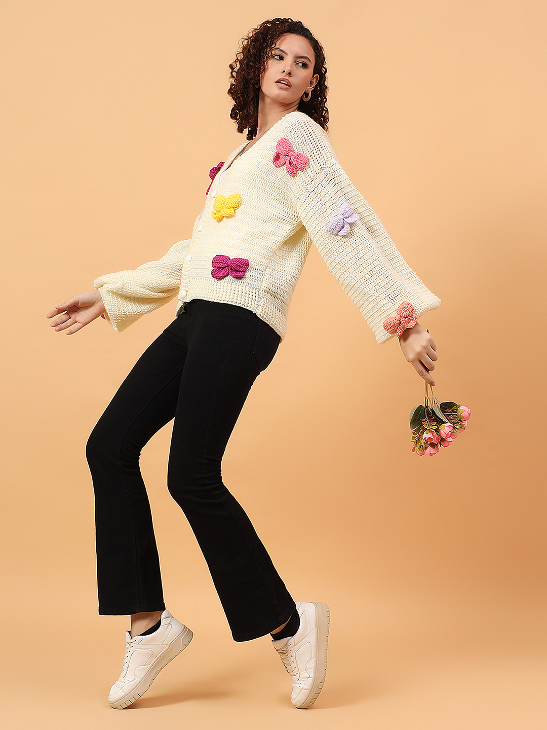 Velvery Crochet Bow Applique Cardigan - Cream